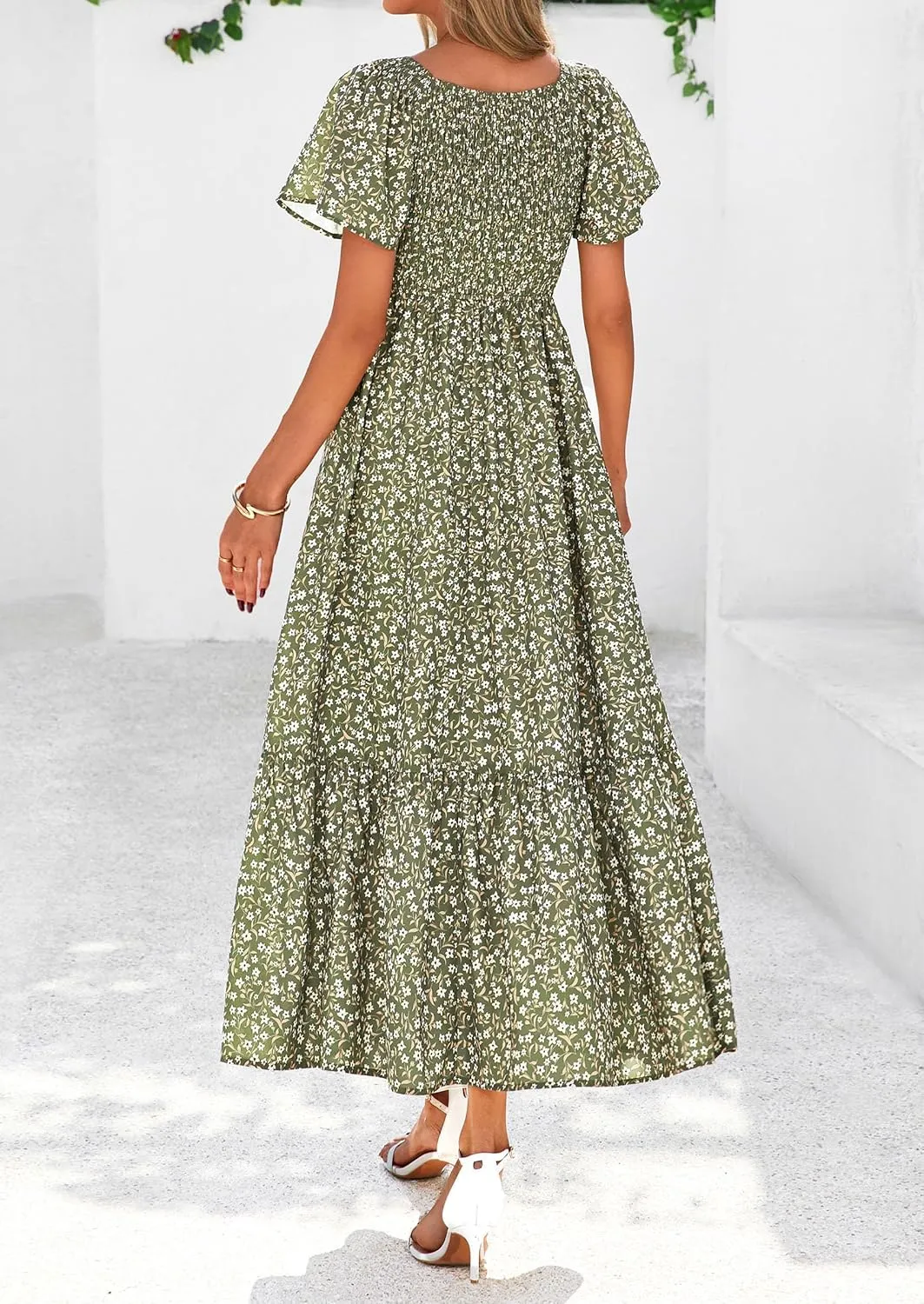 PRETTYGARDEN Women Floral Boho Maxi Dresses Summer Short Sleeve V Neck Smocked A Line Long Flowy Beach Vacation Dress