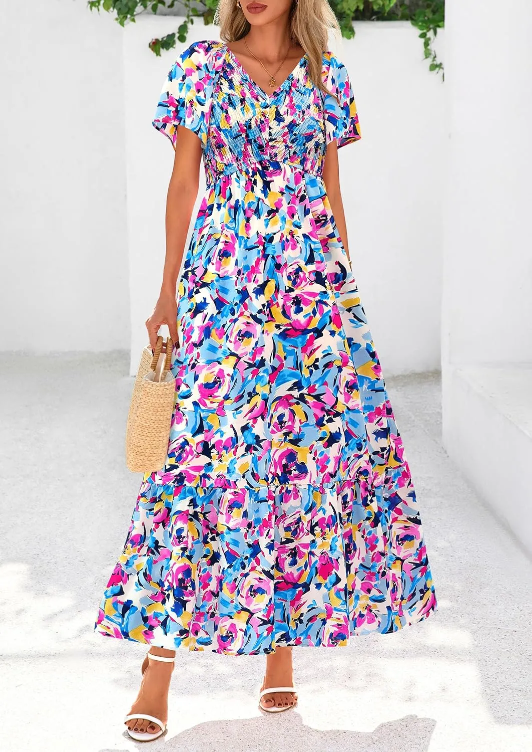 PRETTYGARDEN Women Floral Boho Maxi Dresses Summer Short Sleeve V Neck Smocked A Line Long Flowy Beach Vacation Dress