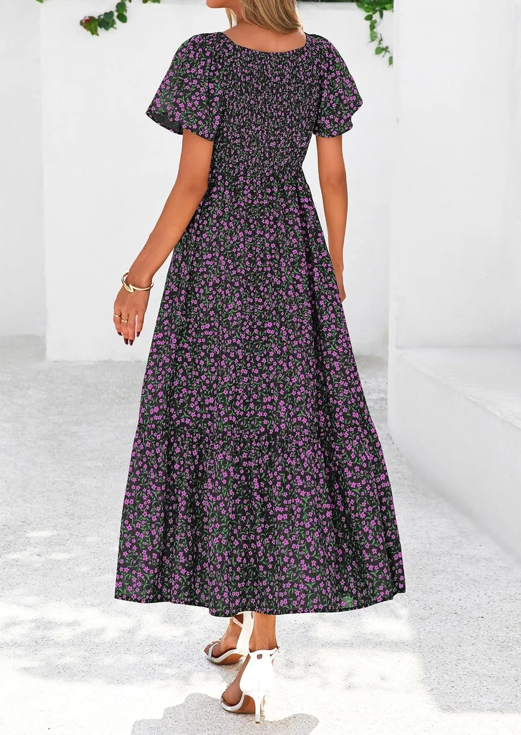 PRETTYGARDEN Women Floral Boho Maxi Dresses Summer Short Sleeve V Neck Smocked A Line Long Flowy Beach Vacation Dress