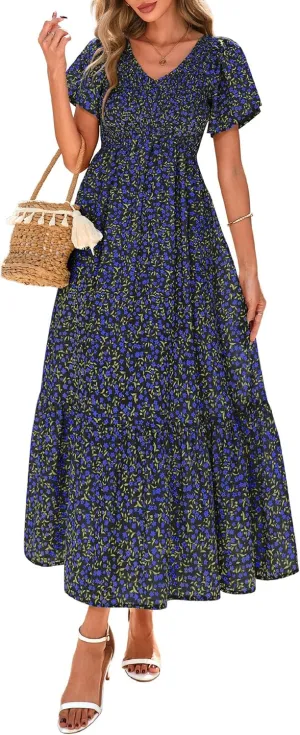 PRETTYGARDEN Women Floral Boho Maxi Dresses Summer Short Sleeve V Neck Smocked A Line Long Flowy Beach Vacation Dress