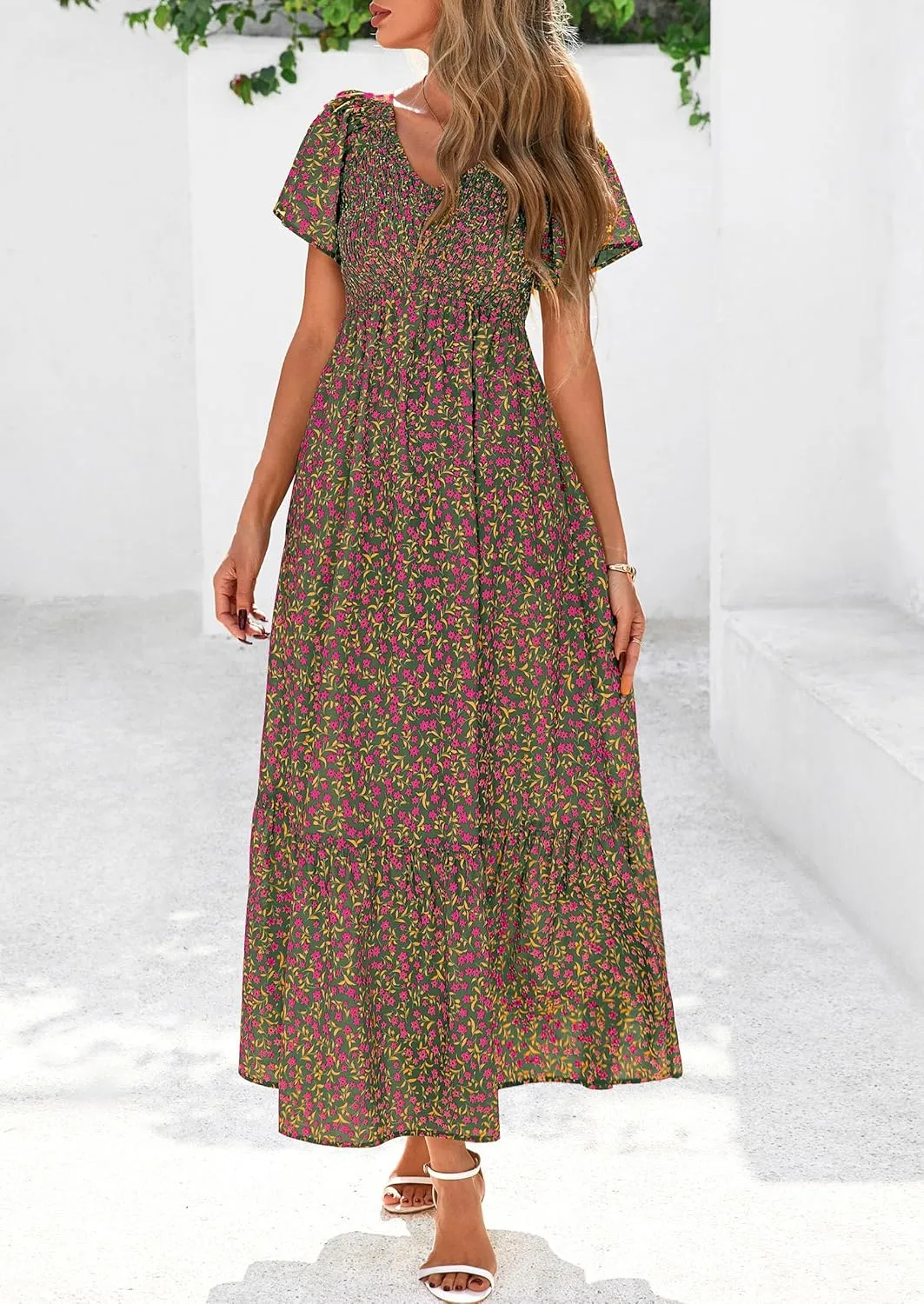 PRETTYGARDEN Women Floral Boho Maxi Dresses Summer Short Sleeve V Neck Smocked A Line Long Flowy Beach Vacation Dress