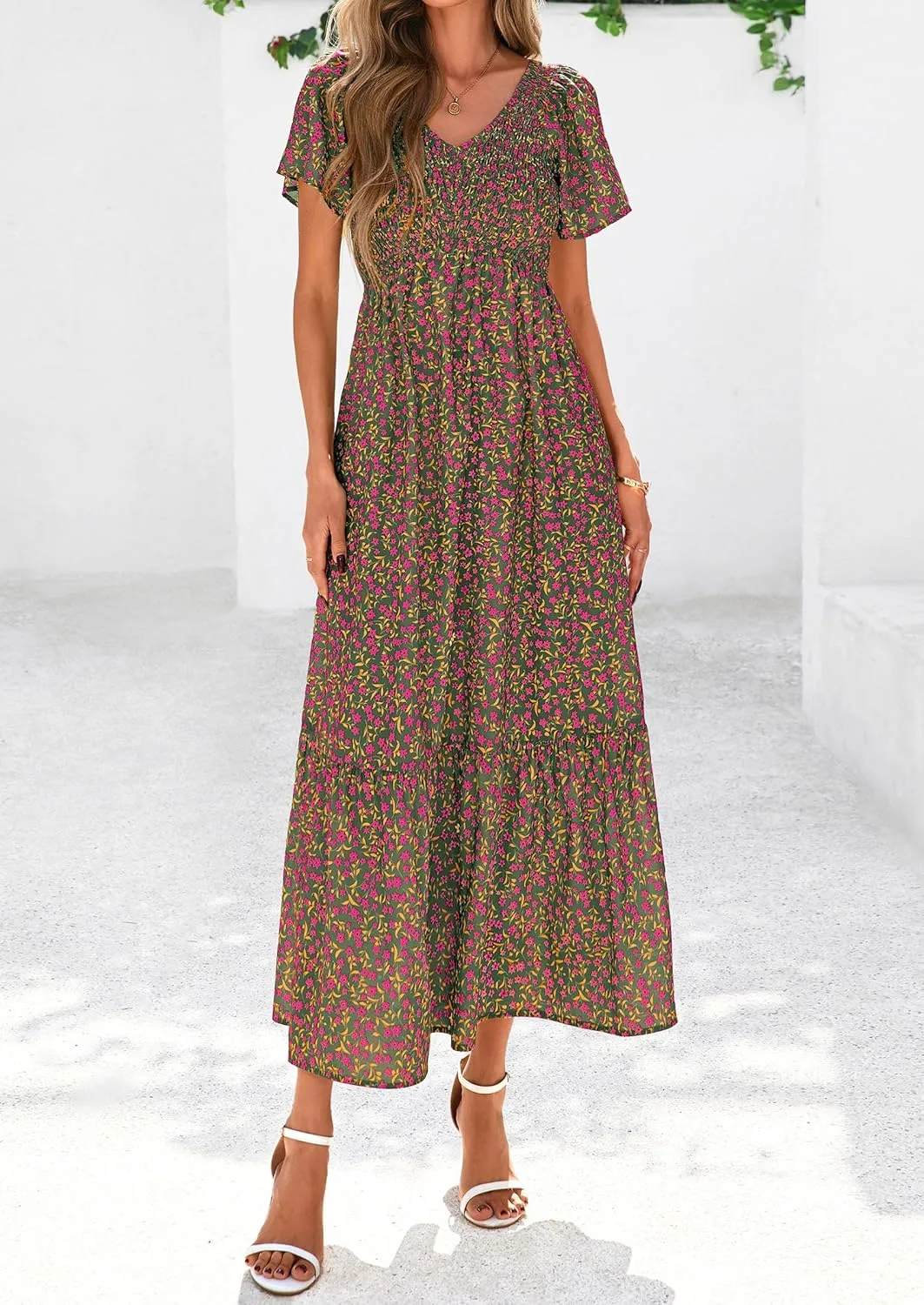 PRETTYGARDEN Women Floral Boho Maxi Dresses Summer Short Sleeve V Neck Smocked A Line Long Flowy Beach Vacation Dress