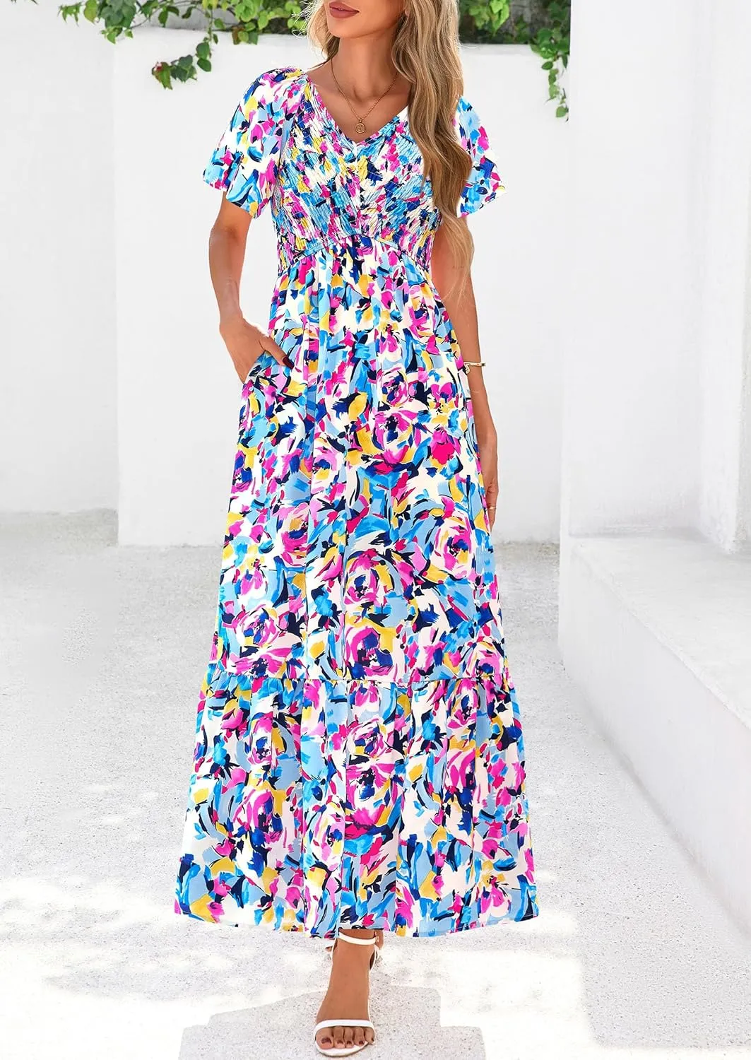 PRETTYGARDEN Women Floral Boho Maxi Dresses Summer Short Sleeve V Neck Smocked A Line Long Flowy Beach Vacation Dress