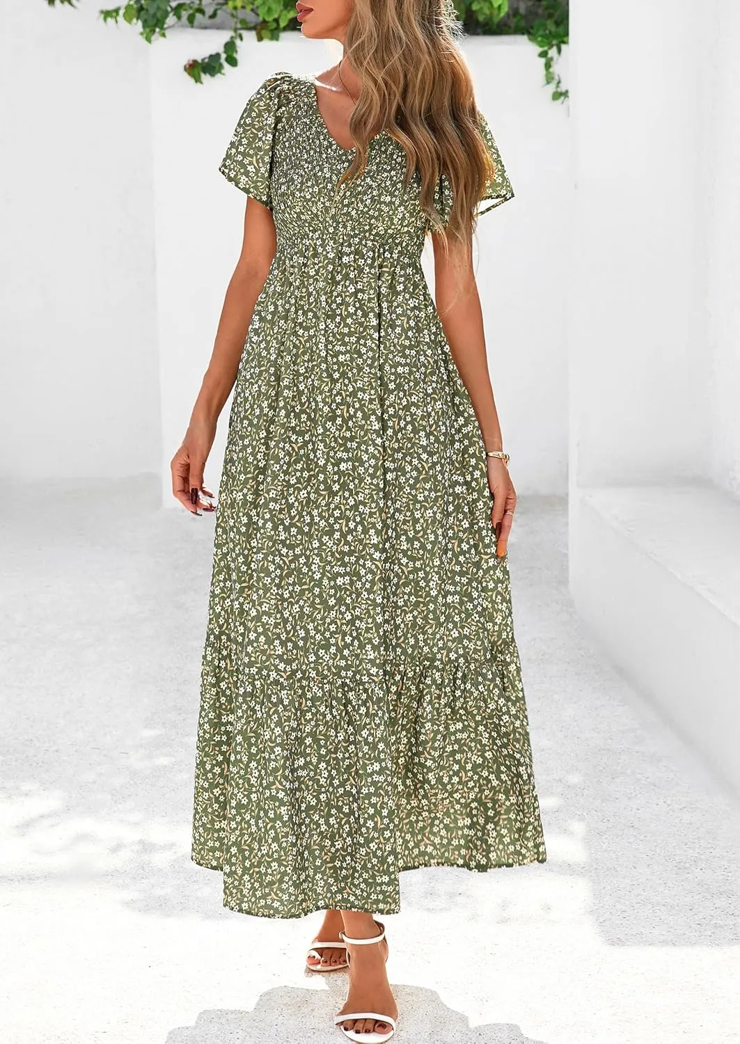 PRETTYGARDEN Women Floral Boho Maxi Dresses Summer Short Sleeve V Neck Smocked A Line Long Flowy Beach Vacation Dress