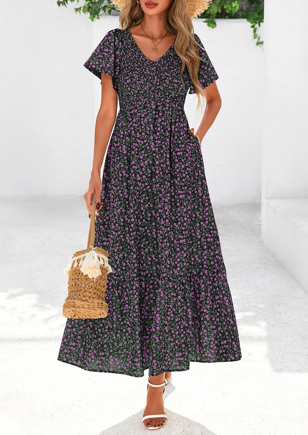 PRETTYGARDEN Women Floral Boho Maxi Dresses Summer Short Sleeve V Neck Smocked A Line Long Flowy Beach Vacation Dress