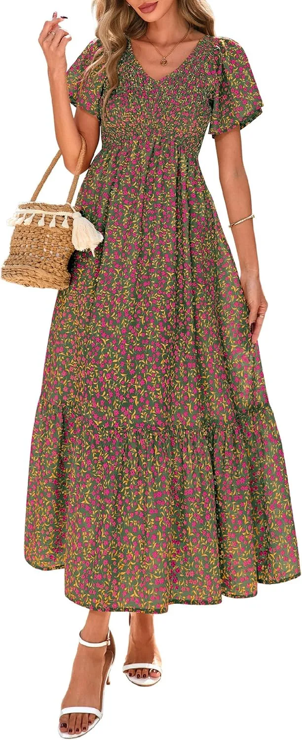 PRETTYGARDEN Women Floral Boho Maxi Dresses Summer Short Sleeve V Neck Smocked A Line Long Flowy Beach Vacation Dress