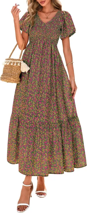 PRETTYGARDEN Women Floral Boho Maxi Dresses Summer Short Sleeve V Neck Smocked A Line Long Flowy Beach Vacation Dress