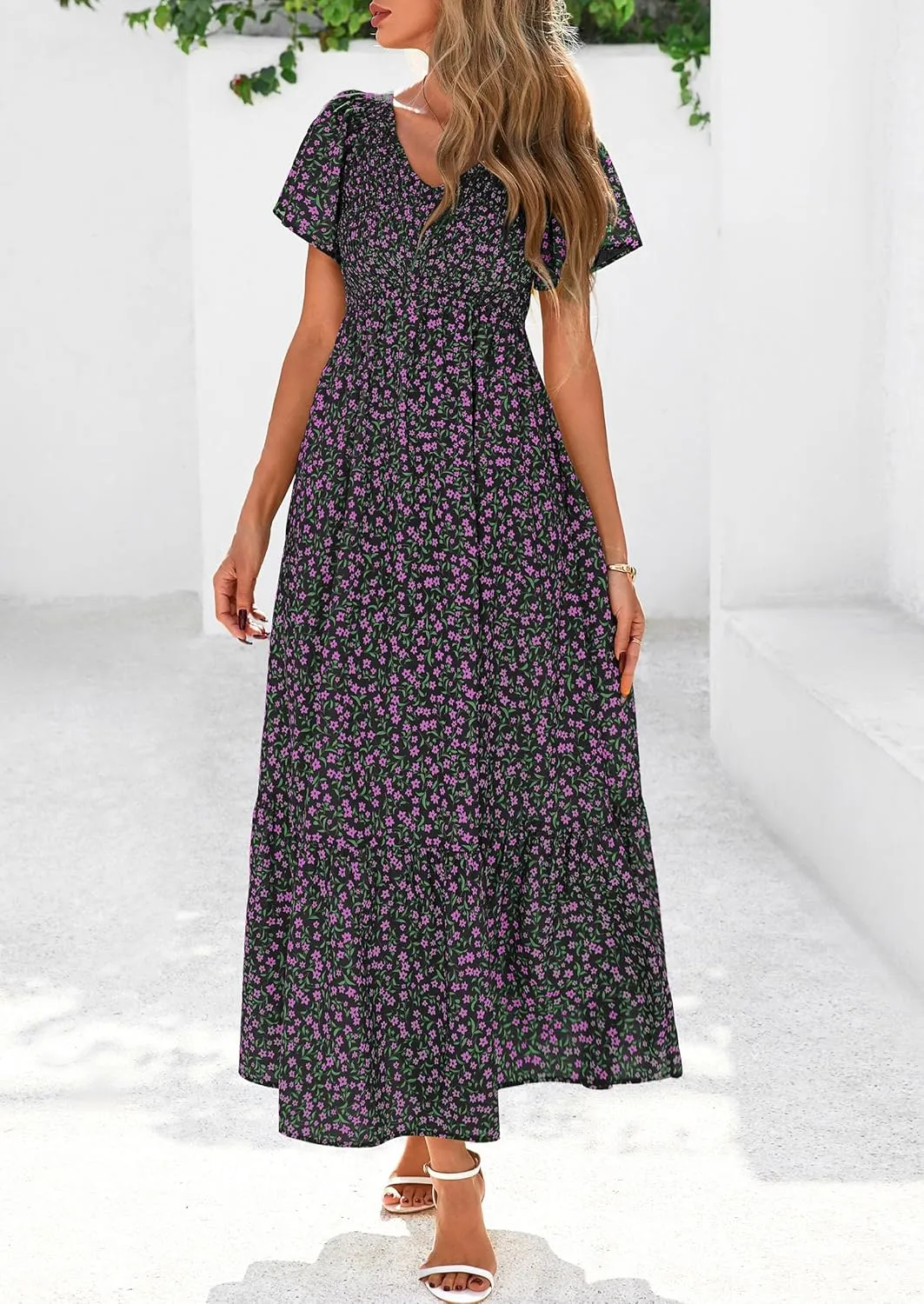 PRETTYGARDEN Women Floral Boho Maxi Dresses Summer Short Sleeve V Neck Smocked A Line Long Flowy Beach Vacation Dress