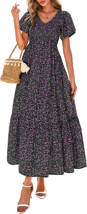 PRETTYGARDEN Women Floral Boho Maxi Dresses Summer Short Sleeve V Neck Smocked A Line Long Flowy Beach Vacation Dress