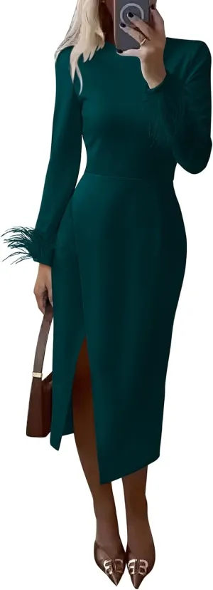 PRETTYGARDEN Women's 2025 Fall Long Sleeve Dress Formal Midi Bodycon Wrap Slit Feather Elegant Wedding Guest Cocktail Dresses
