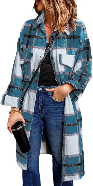 PRETTYGARDEN Women's 2025 Plaid Shacket Jacket Long Sleeve Button Down Shirts Fashion Winter Wool Coats
