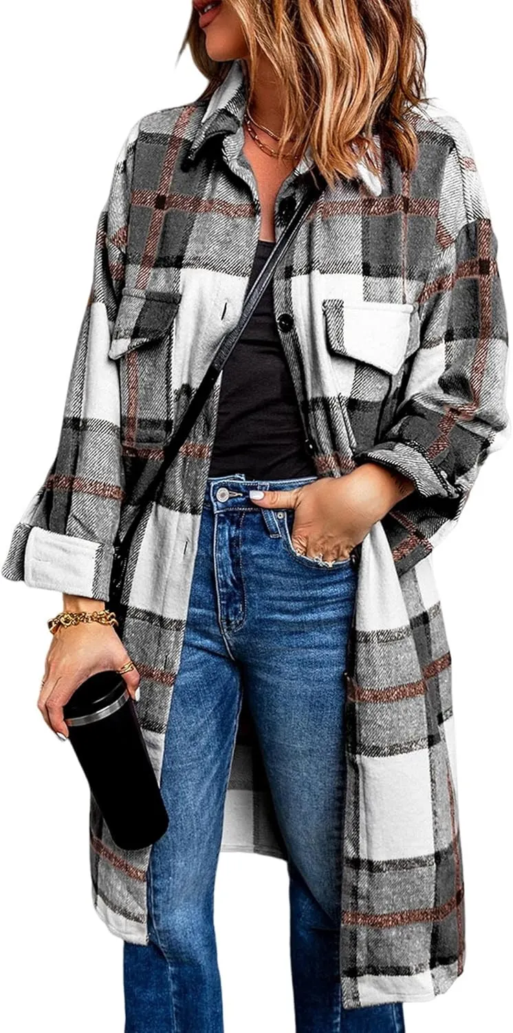 PRETTYGARDEN Women's 2025 Plaid Shacket Jacket Long Sleeve Button Down Shirts Fashion Winter Wool Coats