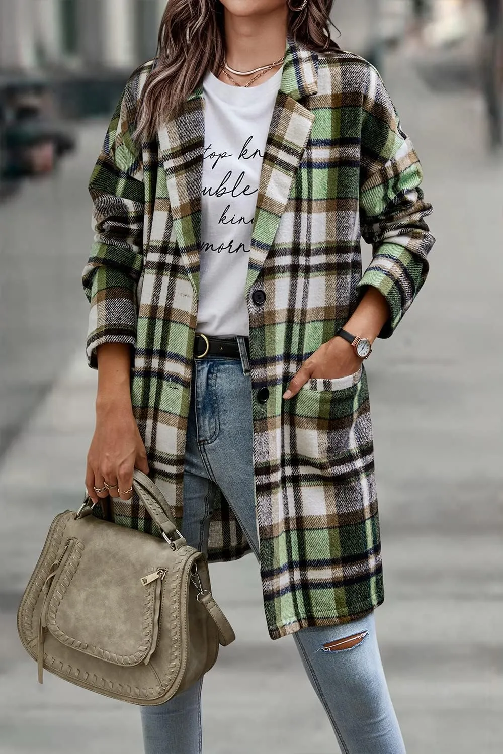 PRETTYGARDEN Women's Plaid Shacket Jacket Trendy Casual Button Wool Blend Winter Tartan Trench Coat with Pockets