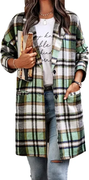 PRETTYGARDEN Women's Plaid Shacket Jacket Trendy Casual Button Wool Blend Winter Tartan Trench Coat with Pockets