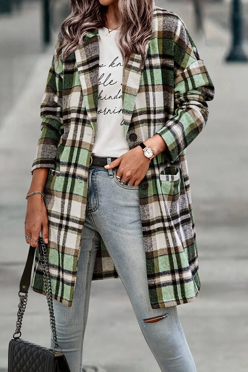 PRETTYGARDEN Women's Plaid Shacket Jacket Trendy Casual Button Wool Blend Winter Tartan Trench Coat with Pockets