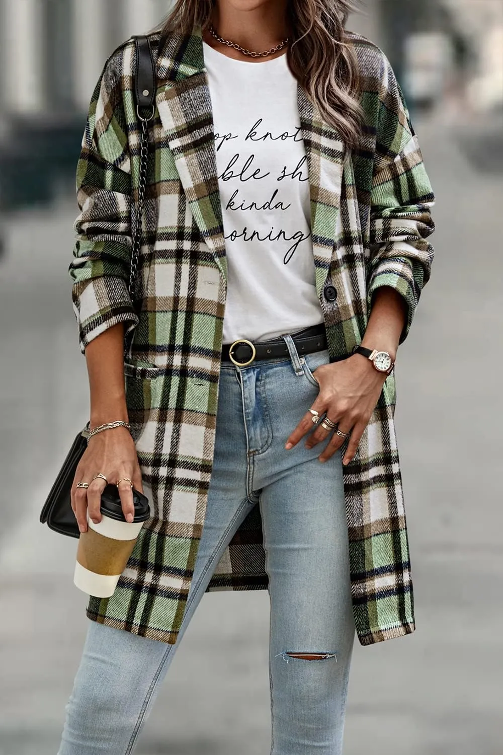PRETTYGARDEN Women's Plaid Shacket Jacket Trendy Casual Button Wool Blend Winter Tartan Trench Coat with Pockets