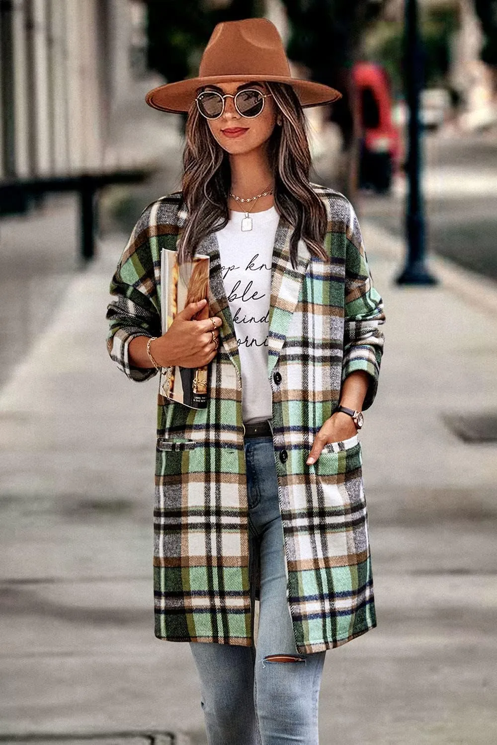 PRETTYGARDEN Women's Plaid Shacket Jacket Trendy Casual Button Wool Blend Winter Tartan Trench Coat with Pockets