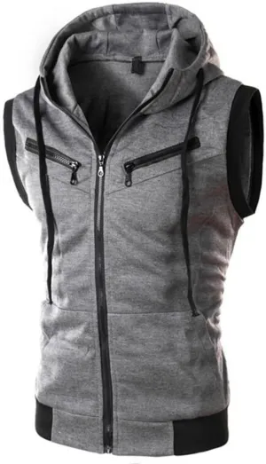 Previn Men's Sleeveless Hoodie Casual Slim Fit Zip Up Drawstring Plain Tank Top Hooded Vests