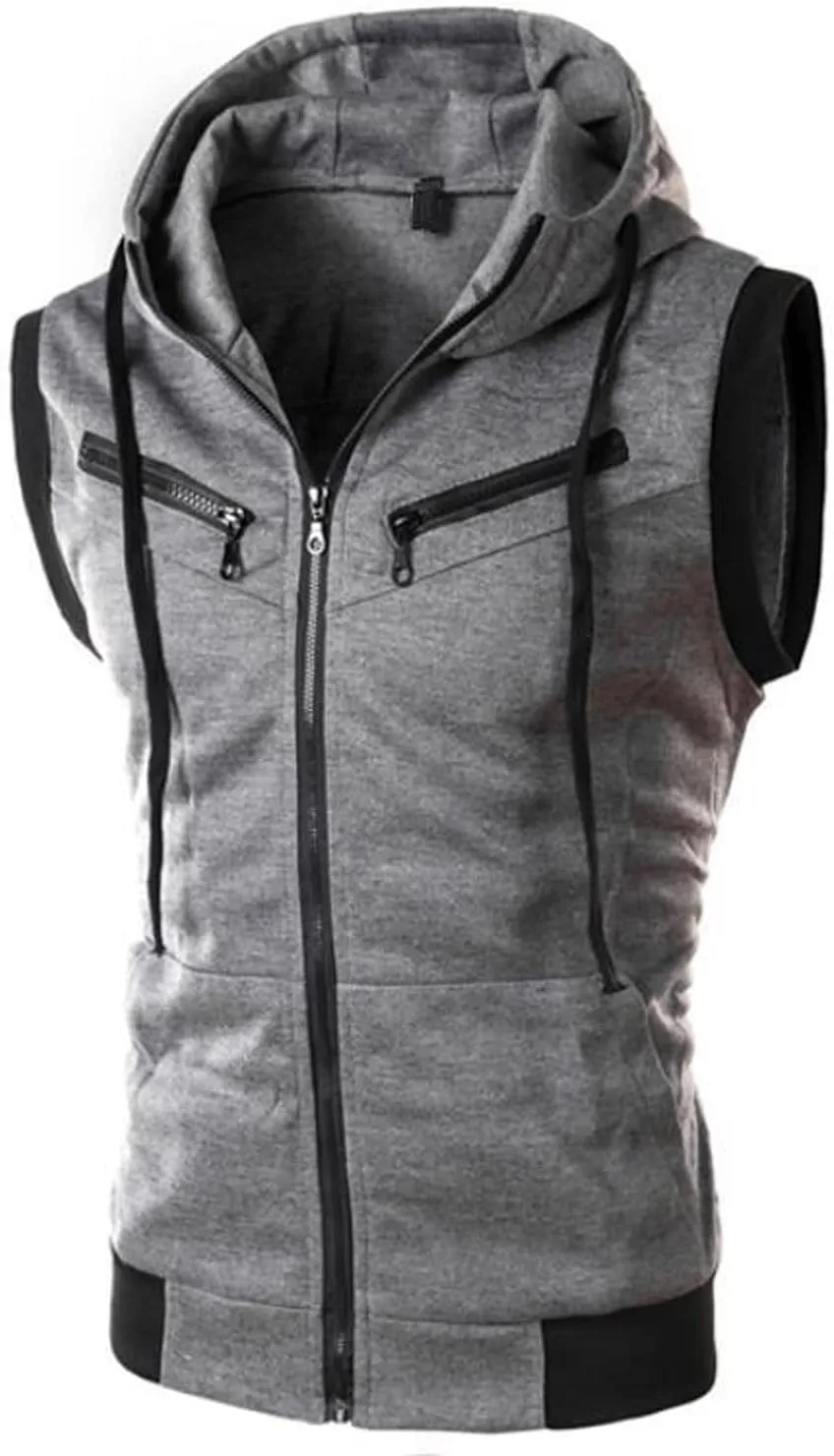 Previn Men's Sleeveless Hoodie Casual Slim Fit Zip Up Drawstring Plain Tank Top Hooded Vests