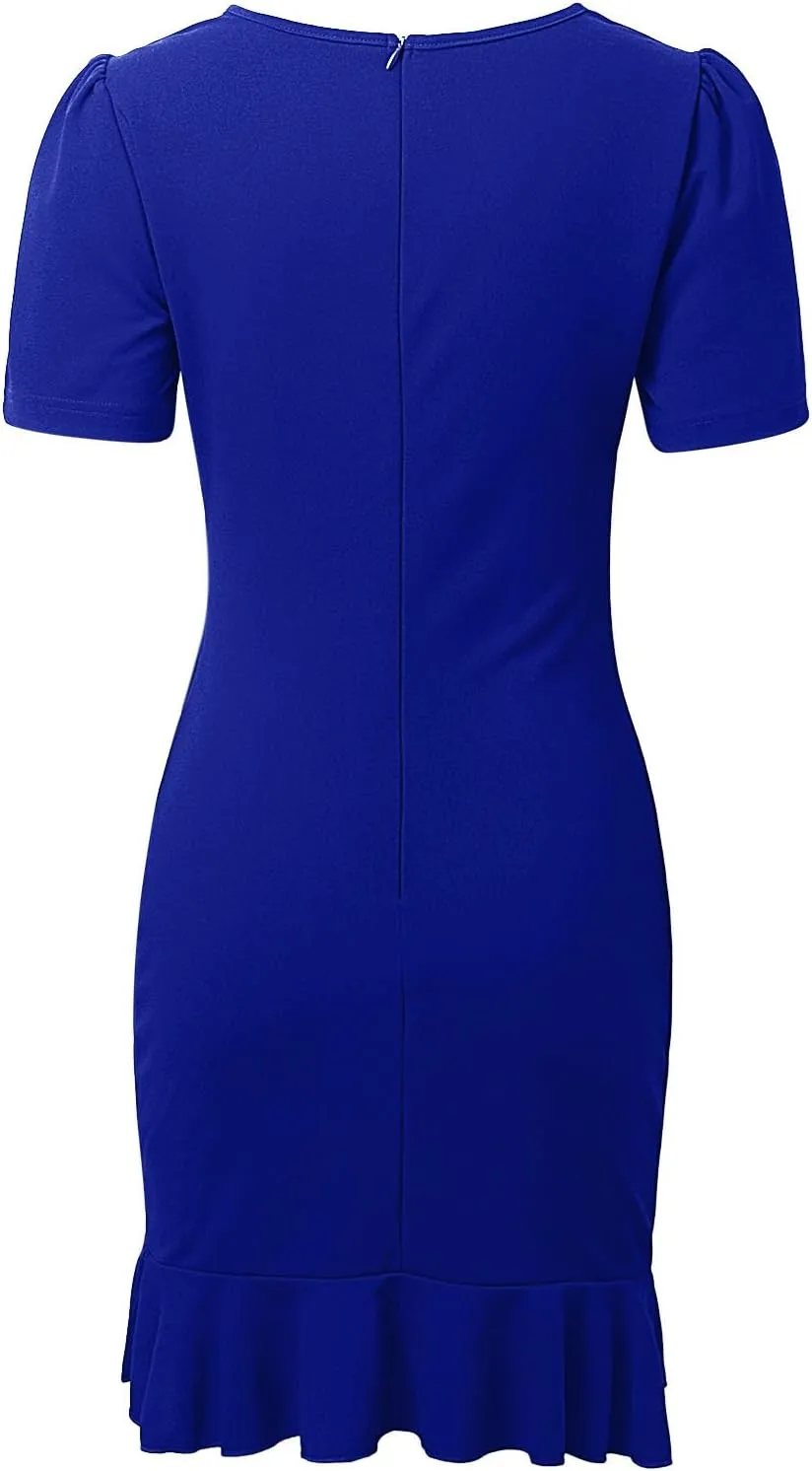 PTOLOCIF Cocktail Dresses for Women Elegant Bodycon Midi Dress Short Sleeve Ruffle Hem Ruched Dresses Wedding Guest Dresses