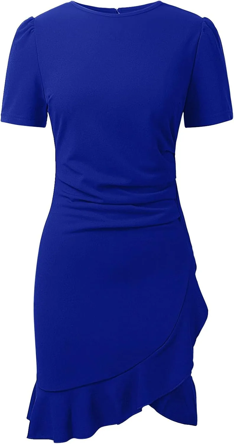 PTOLOCIF Cocktail Dresses for Women Elegant Bodycon Midi Dress Short Sleeve Ruffle Hem Ruched Dresses Wedding Guest Dresses