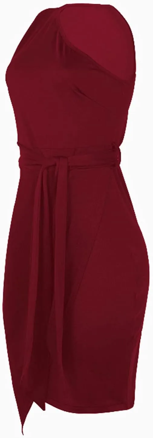 PTOLOCIF Cocktail Dresses for Women Sexy One Shoulder Midi Dress Sleeveless Belted Dress Bodycon Formal Wedding Guest Dresses