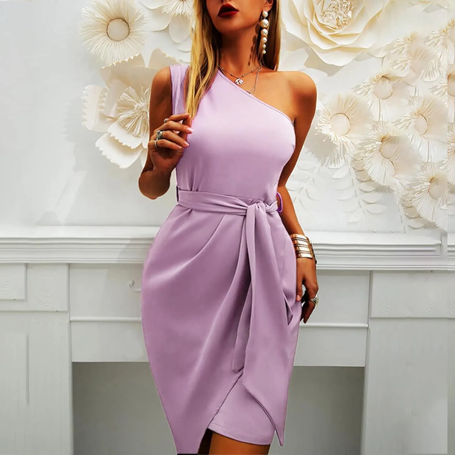 PTOLOCIF Cocktail Dresses for Women Sexy One Shoulder Midi Dress Sleeveless Belted Dress Bodycon Formal Wedding Guest Dresses