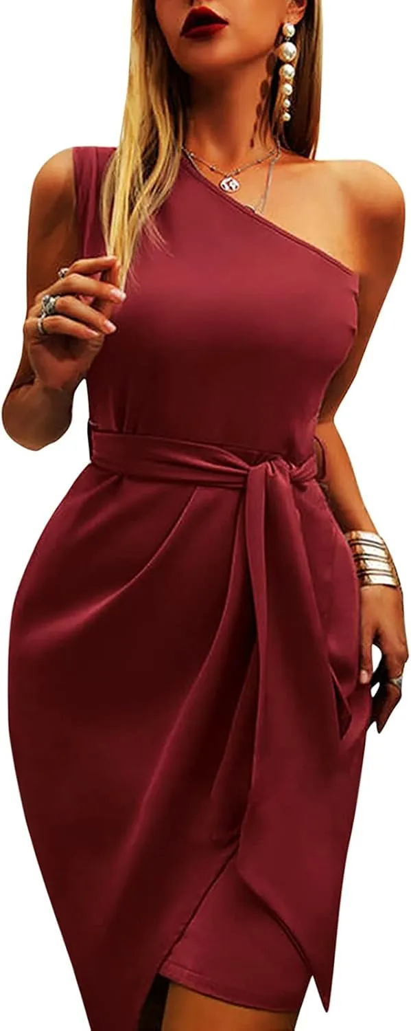 PTOLOCIF Cocktail Dresses for Women Sexy One Shoulder Midi Dress Sleeveless Belted Dress Bodycon Formal Wedding Guest Dresses