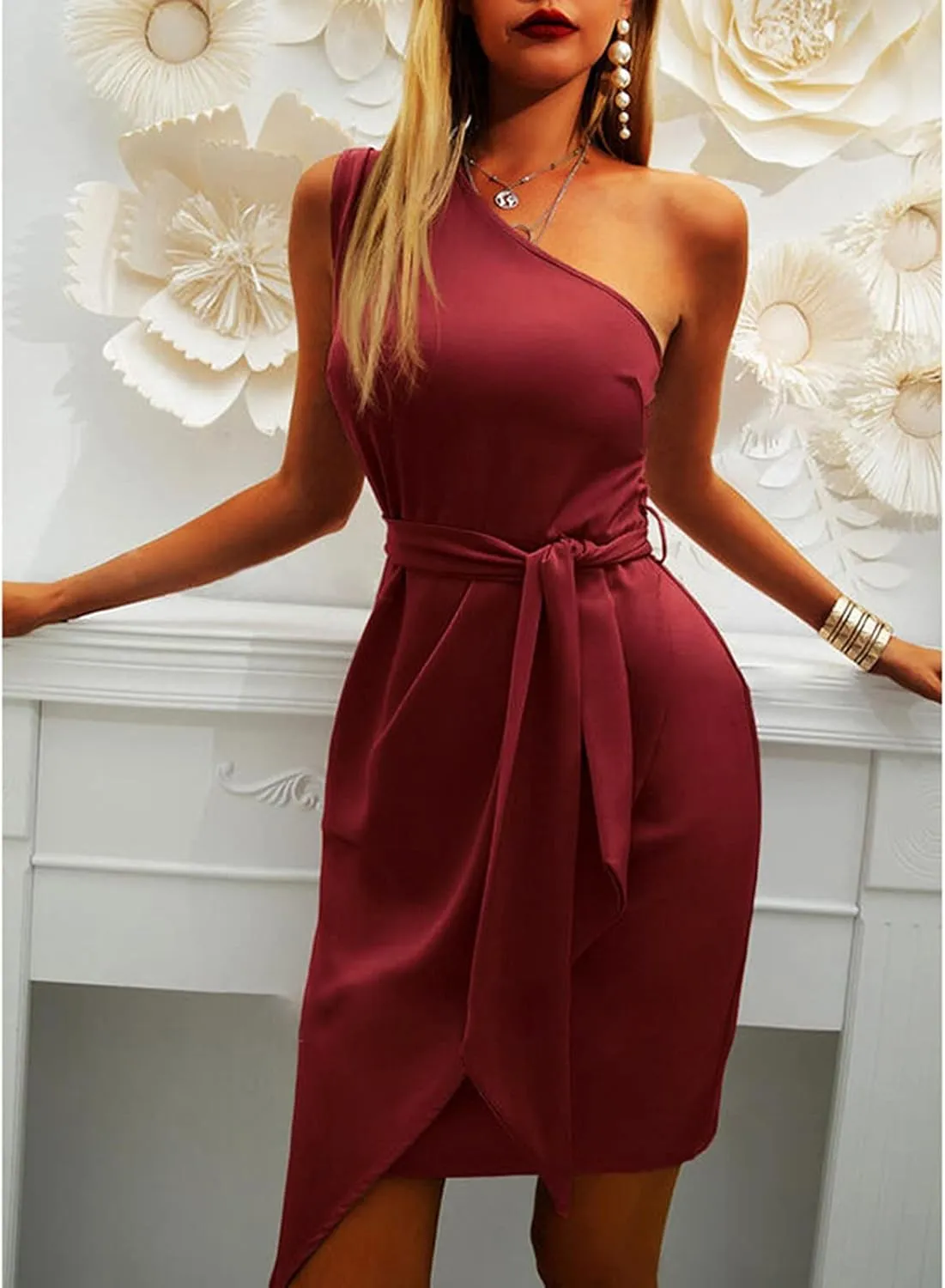 PTOLOCIF Cocktail Dresses for Women Sexy One Shoulder Midi Dress Sleeveless Belted Dress Bodycon Formal Wedding Guest Dresses