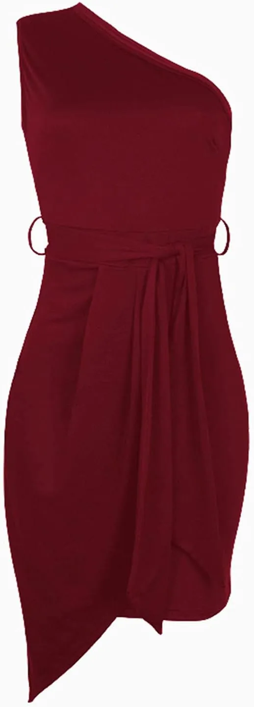 PTOLOCIF Cocktail Dresses for Women Sexy One Shoulder Midi Dress Sleeveless Belted Dress Bodycon Formal Wedding Guest Dresses