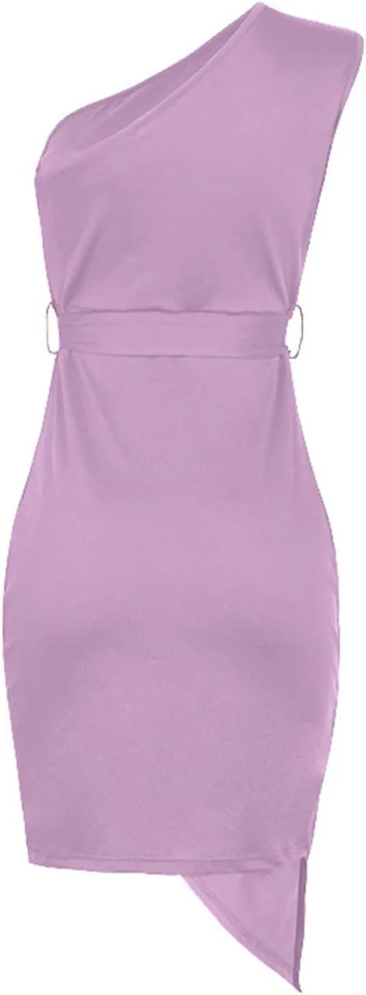 PTOLOCIF Cocktail Dresses for Women Sexy One Shoulder Midi Dress Sleeveless Belted Dress Bodycon Formal Wedding Guest Dresses