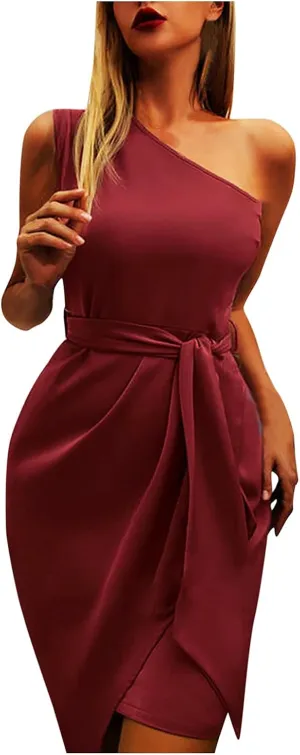 PTOLOCIF Cocktail Dresses for Women Sexy One Shoulder Midi Dress Sleeveless Belted Dress Bodycon Formal Wedding Guest Dresses