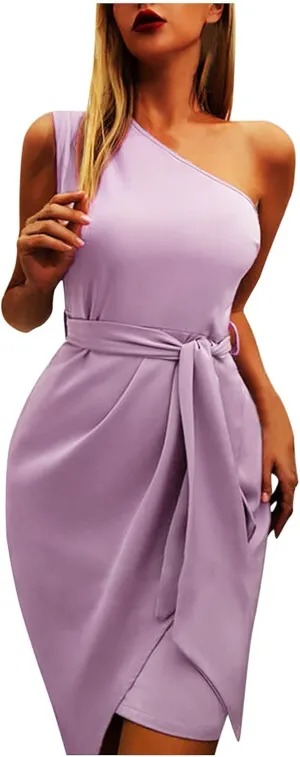 PTOLOCIF Cocktail Dresses for Women Sexy One Shoulder Midi Dress Sleeveless Belted Dress Bodycon Formal Wedding Guest Dresses