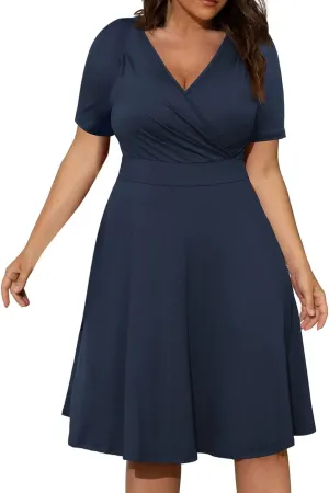 PTOLOCIF Plus Size Dresses for Curvy Women 2024 Summer Short Sleeve Wrap V Neck Midi Dress High Waisted Causal Swing Dress