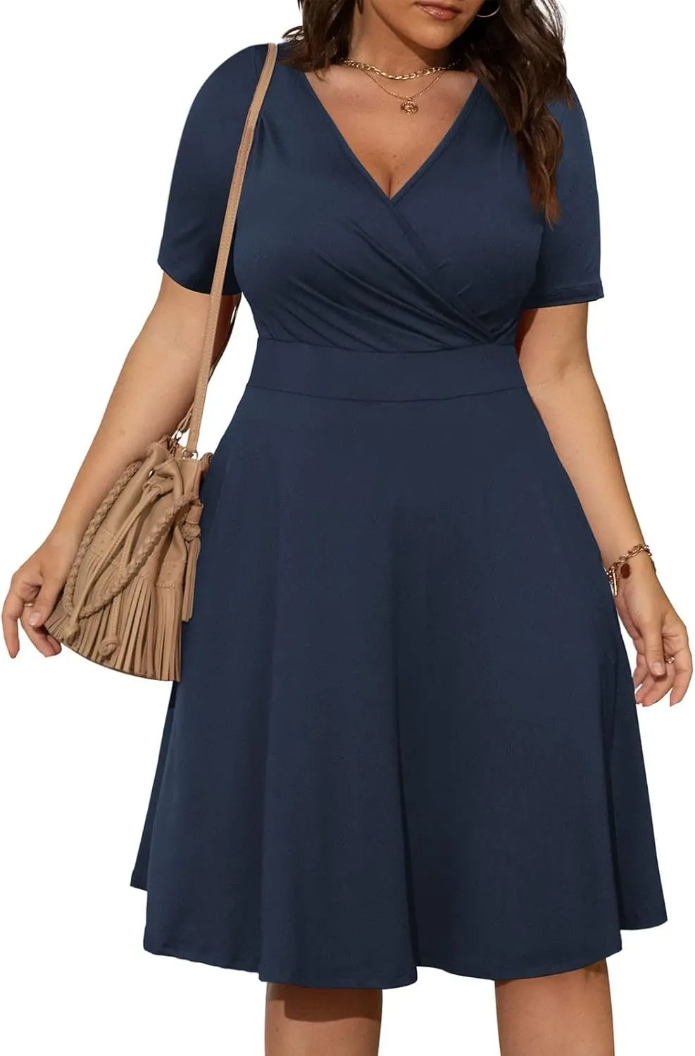 PTOLOCIF Plus Size Dresses for Curvy Women 2024 Summer Short Sleeve Wrap V Neck Midi Dress High Waisted Causal Swing Dress