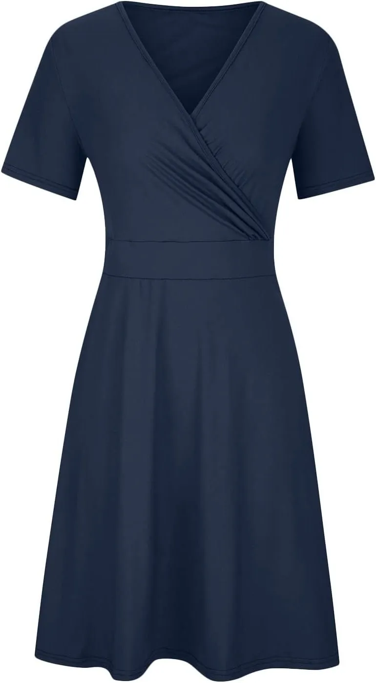 PTOLOCIF Plus Size Dresses for Curvy Women 2024 Summer Short Sleeve Wrap V Neck Midi Dress High Waisted Causal Swing Dress