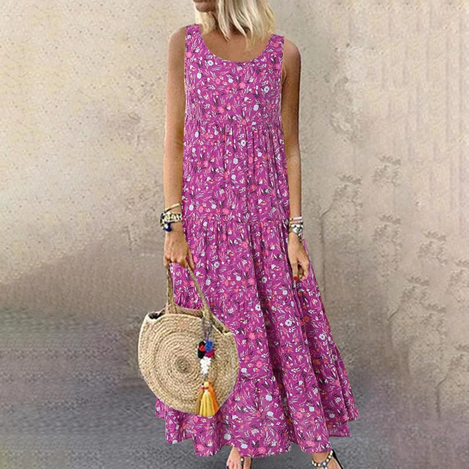 PTOLOCIF Sundresses for Women 2024, Summer Trendy Beach Dresses Floral Print Boho Dresses Casual Sleeveless Flowy Long Dress