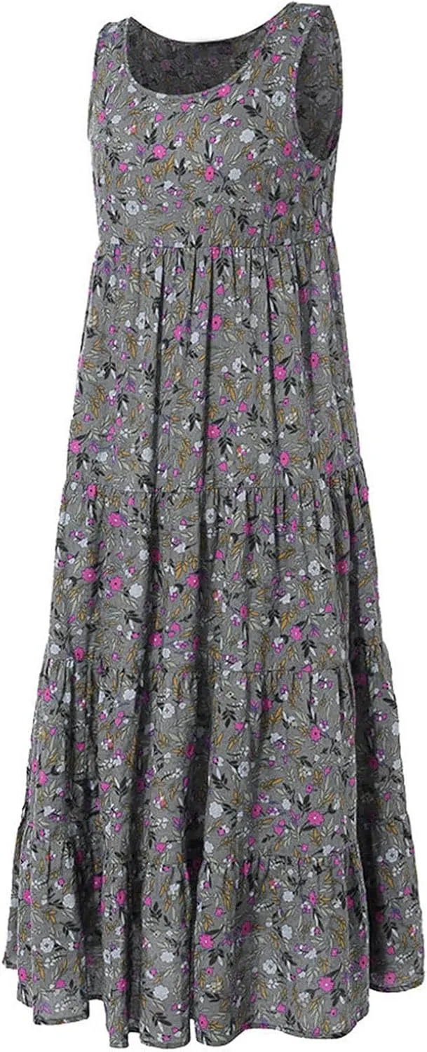PTOLOCIF Sundresses for Women 2024, Summer Trendy Beach Dresses Floral Print Boho Dresses Casual Sleeveless Flowy Long Dress