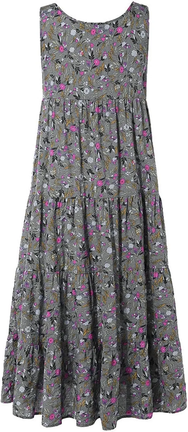 PTOLOCIF Sundresses for Women 2024, Summer Trendy Beach Dresses Floral Print Boho Dresses Casual Sleeveless Flowy Long Dress