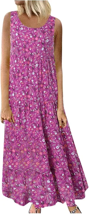 PTOLOCIF Sundresses for Women 2024, Summer Trendy Beach Dresses Floral Print Boho Dresses Casual Sleeveless Flowy Long Dress