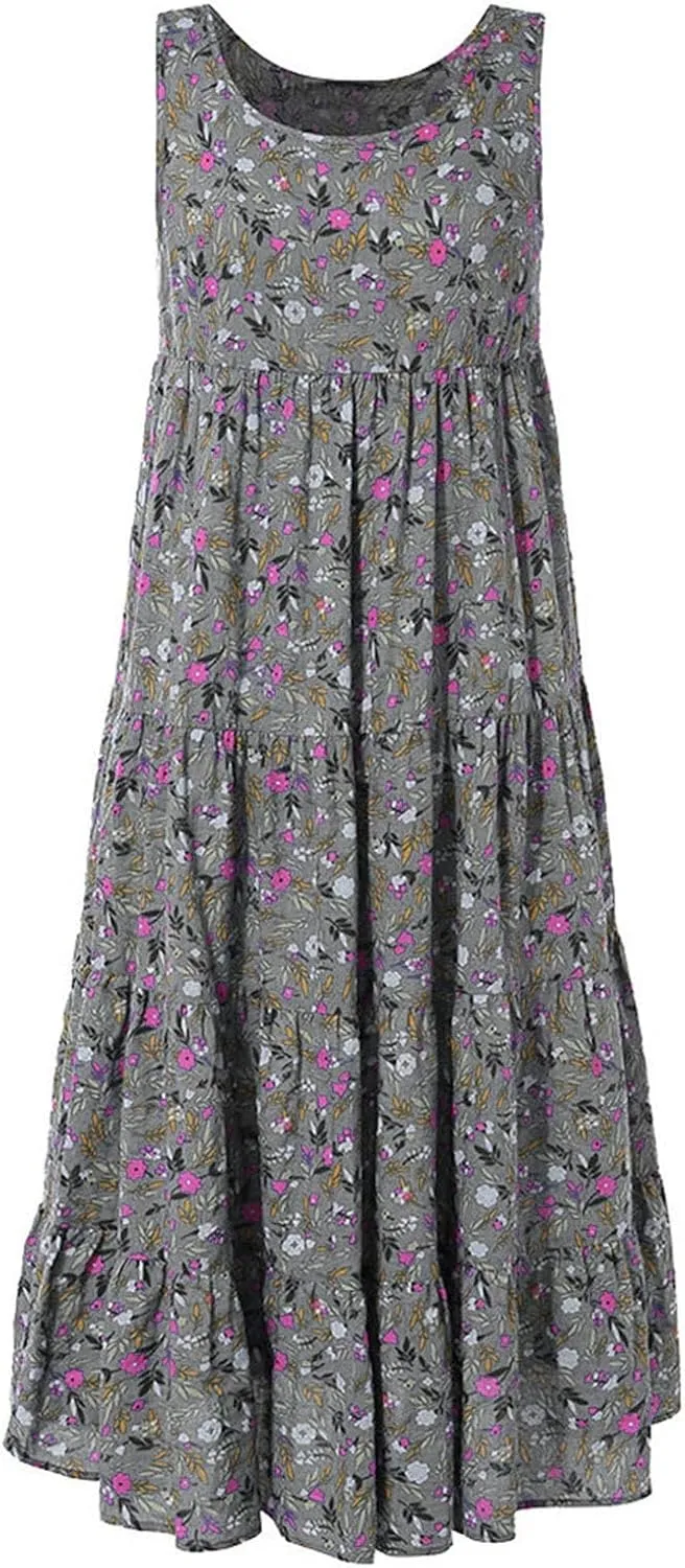 PTOLOCIF Sundresses for Women 2024, Summer Trendy Beach Dresses Floral Print Boho Dresses Casual Sleeveless Flowy Long Dress