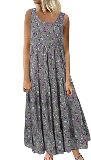 PTOLOCIF Sundresses for Women 2024, Summer Trendy Beach Dresses Floral Print Boho Dresses Casual Sleeveless Flowy Long Dress