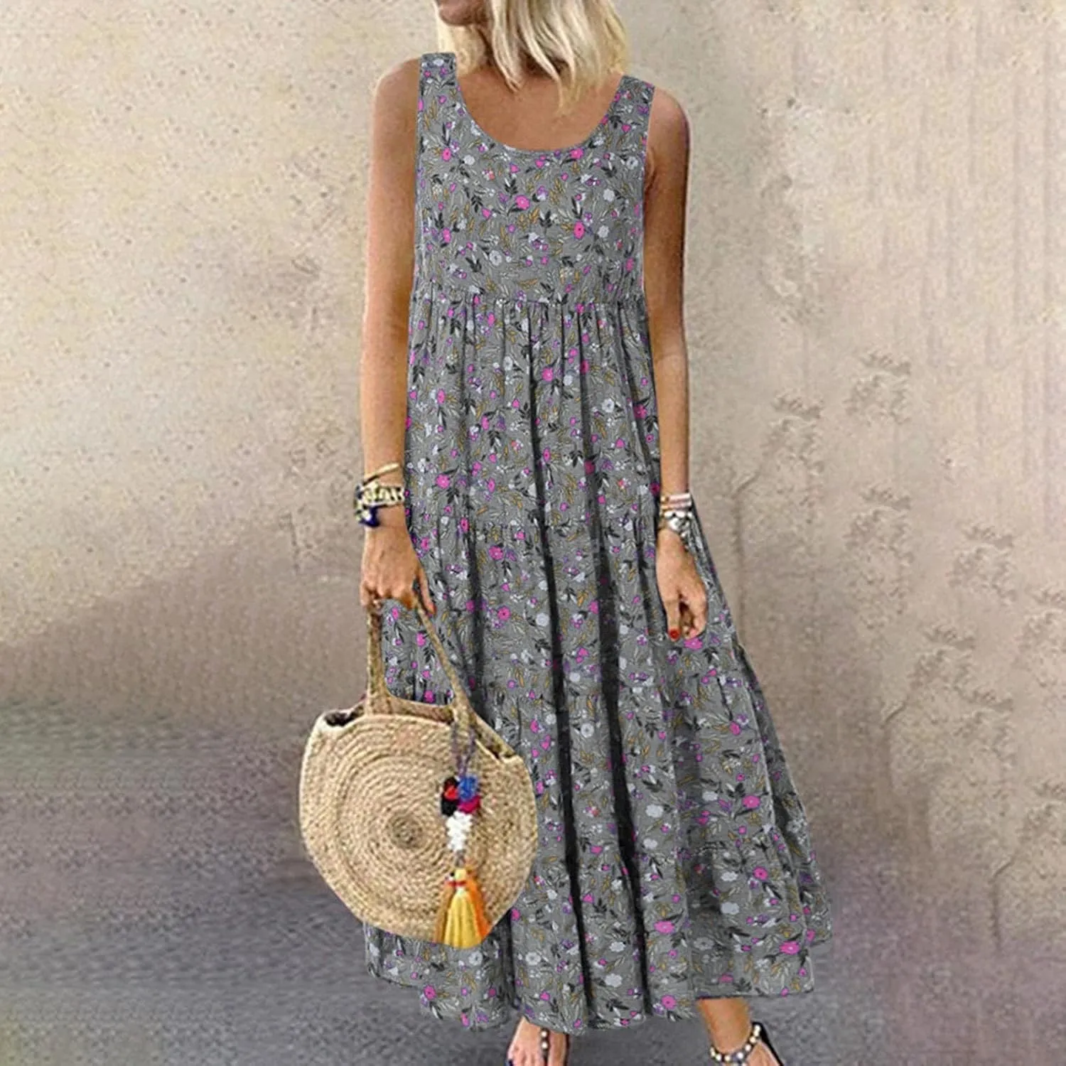 PTOLOCIF Sundresses for Women 2024, Summer Trendy Beach Dresses Floral Print Boho Dresses Casual Sleeveless Flowy Long Dress