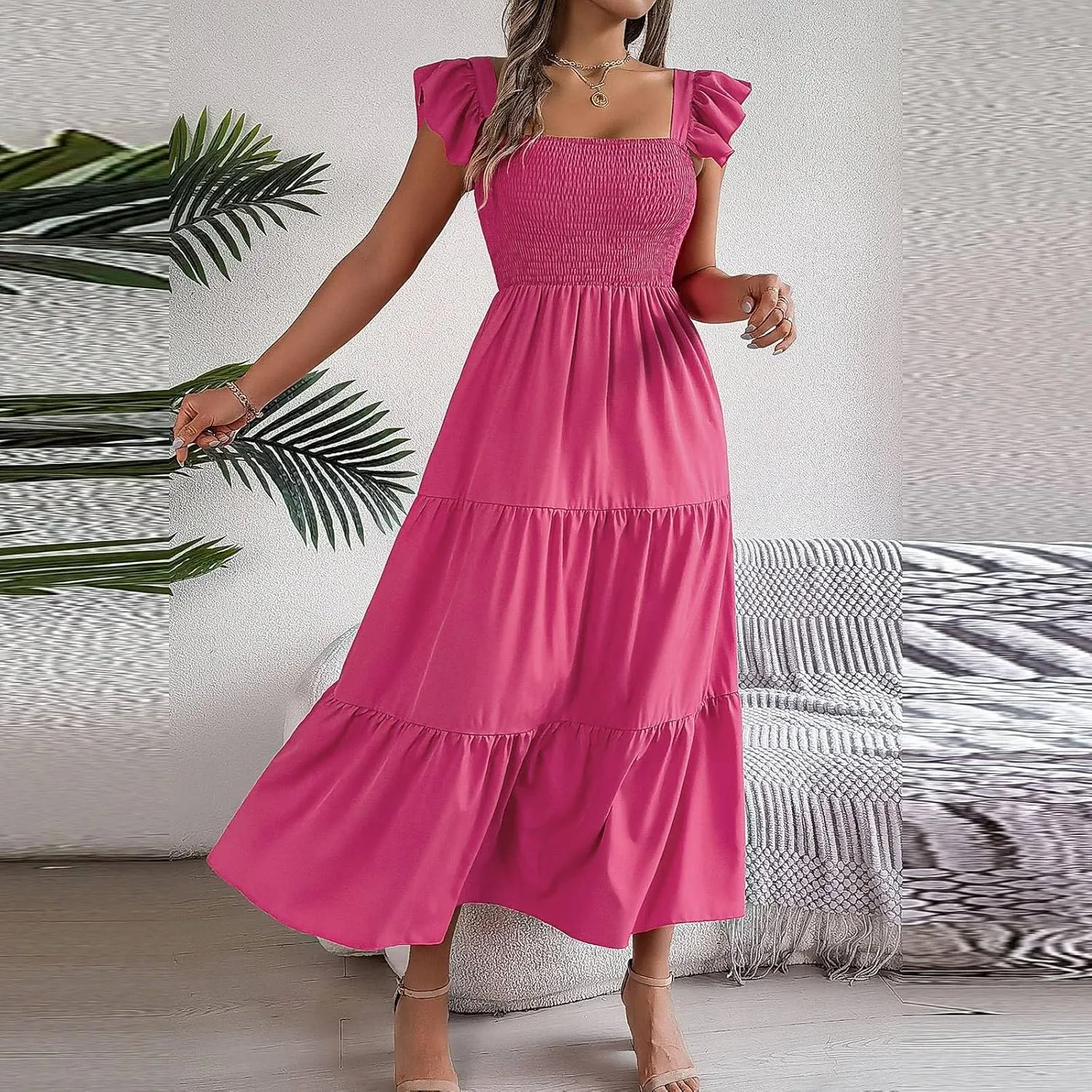 PTOLOCIF Women Summer Sleeveless Maxi Dress Square Neck Smocked Boho Dresses Trendy Ruffle Sleeve Flowy A-Line Beach Sundress
