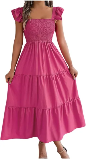 PTOLOCIF Women Summer Sleeveless Maxi Dress Square Neck Smocked Boho Dresses Trendy Ruffle Sleeve Flowy A-Line Beach Sundress