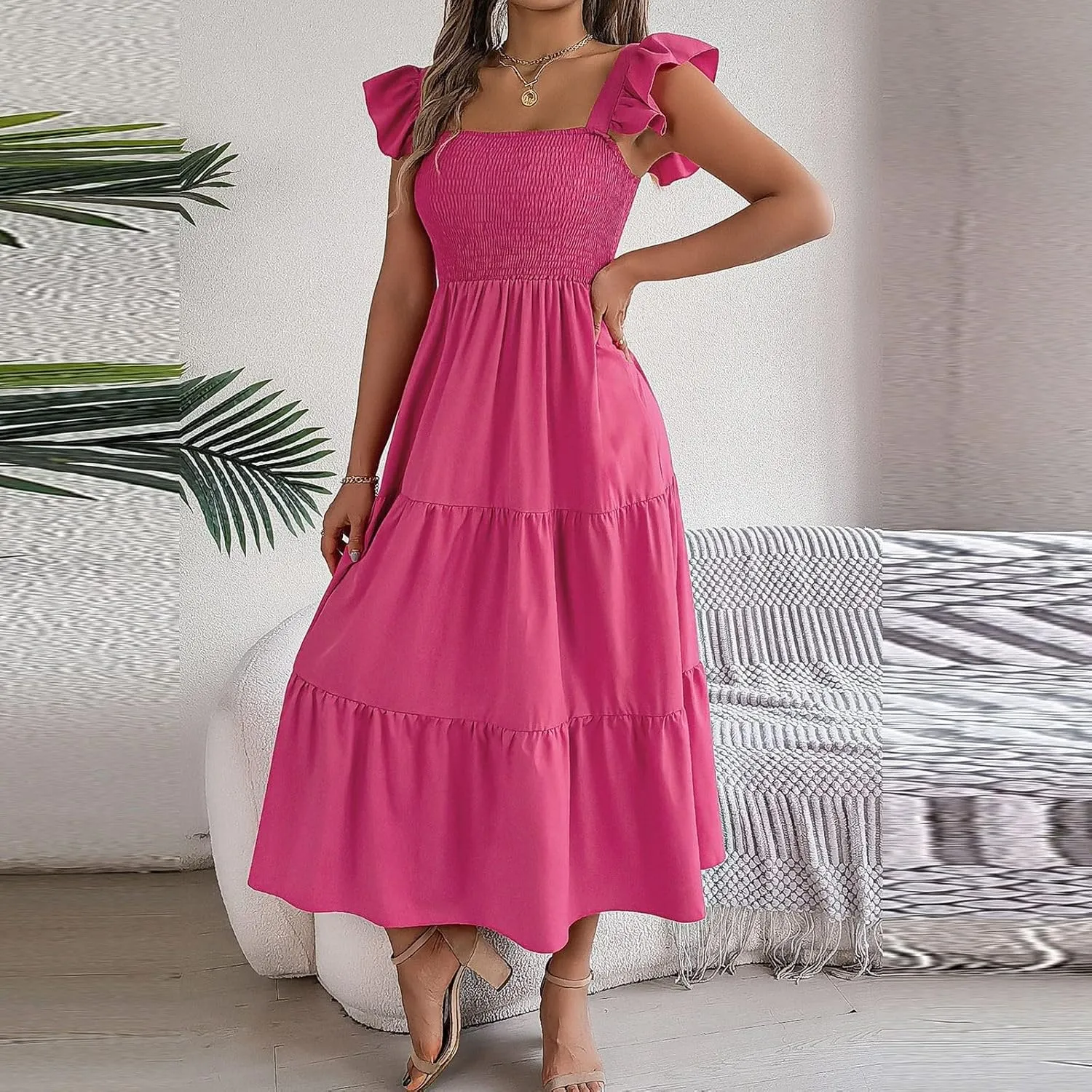 PTOLOCIF Women Summer Sleeveless Maxi Dress Square Neck Smocked Boho Dresses Trendy Ruffle Sleeve Flowy A-Line Beach Sundress