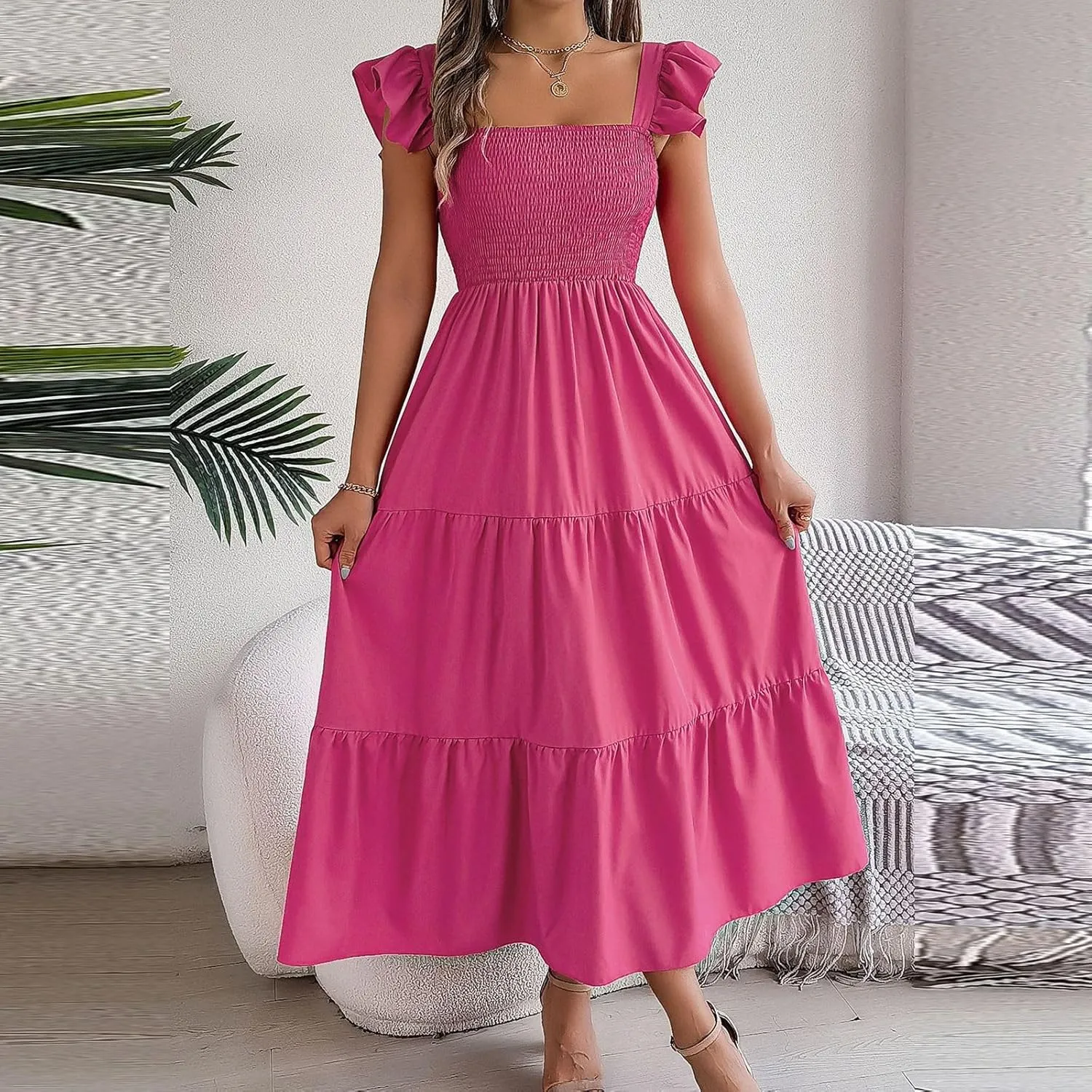 PTOLOCIF Women Summer Sleeveless Maxi Dress Square Neck Smocked Boho Dresses Trendy Ruffle Sleeve Flowy A-Line Beach Sundress