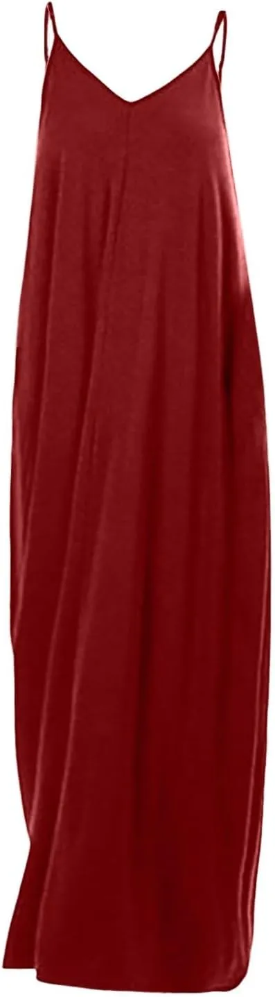 PTOLOCIF Women's Solid Color Loose Pocket Long Skirt Vest Dress Sexy Suspender Skirt Womens Long Sleeve Loose Plain Long
