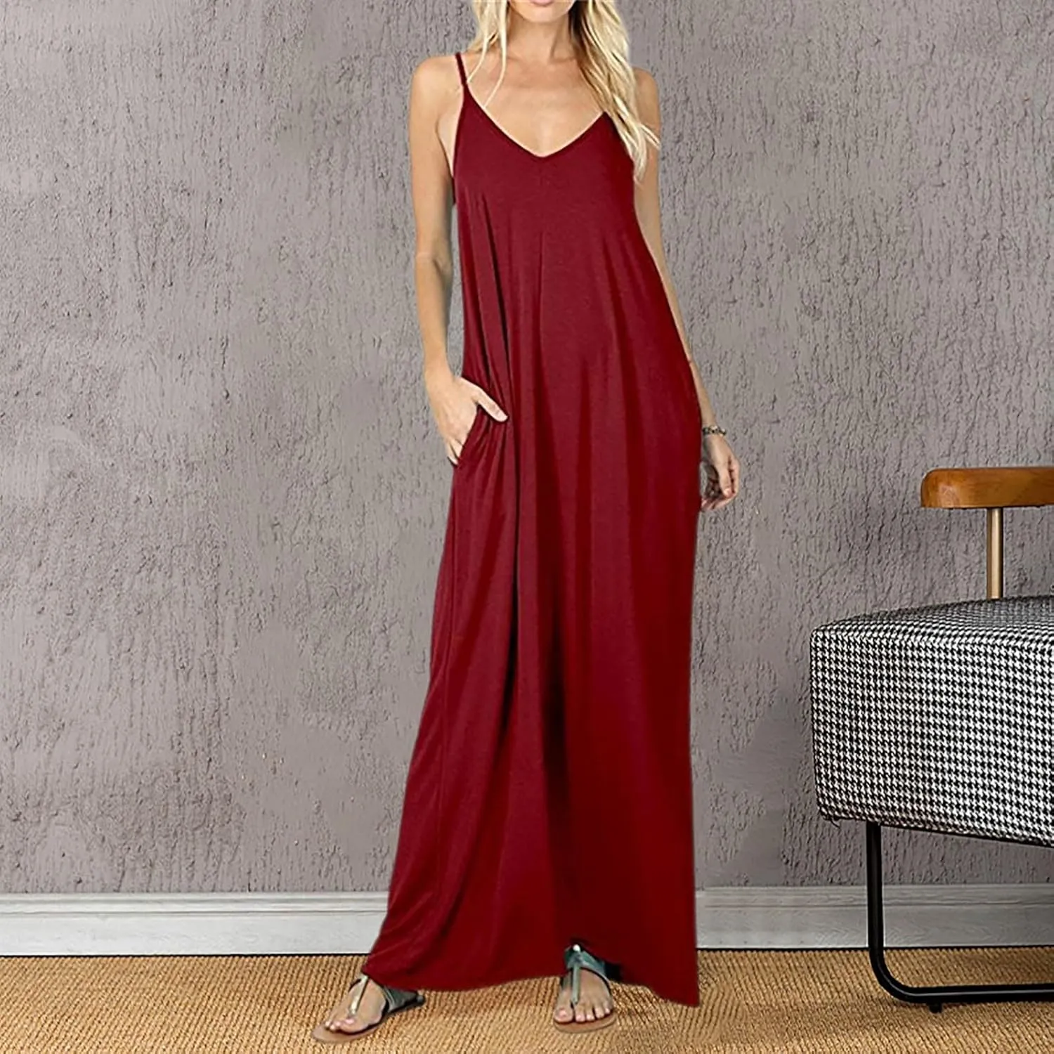 PTOLOCIF Women's Solid Color Loose Pocket Long Skirt Vest Dress Sexy Suspender Skirt Womens Long Sleeve Loose Plain Long
