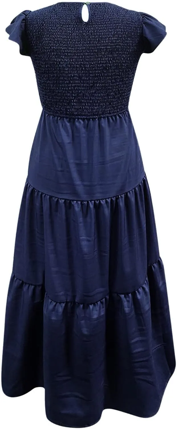 PTOLOCIF Women's Summer Casual Flutter Short Sleeve Crew Neck Smocked Elastic Waist Tiered Midi Dress Womens Sleeveless